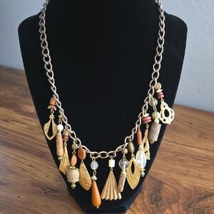 Unique Vtg Gold Brass Charm Beaded Necklace - 80s 90s Y2K